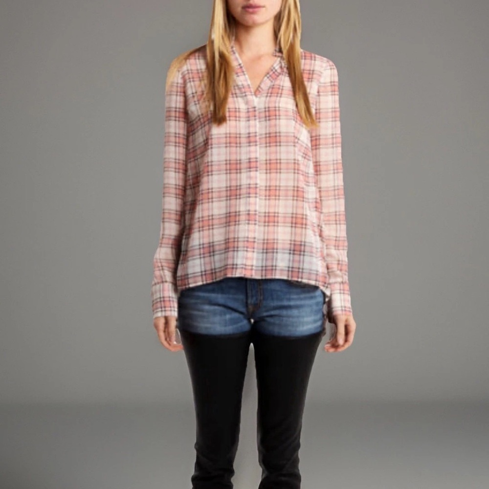 DEREK LAM CROSBY 10 Blouse Womens Size 14 Pink Tan Sheer Plaid Pleated Back Top